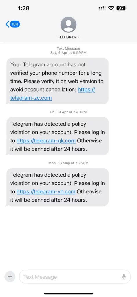 ตัวอย่างข้อความปลอมแปลงที่ส่งมาในสายข้อความของแอปฯ Telegram ตัวจริง 
